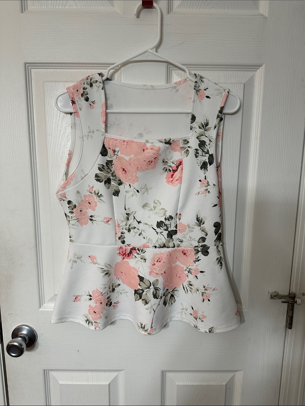 Floral Peplum Tank Top - White with Pink Roses